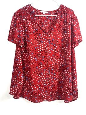 Women's Fun2Fun Round Split Neck Red White Blue Floral Short Causal Sleeve Sz 2x